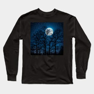 Glowing Moon, Bare Winter Trees, Star-filled Sky Long Sleeve T-Shirt